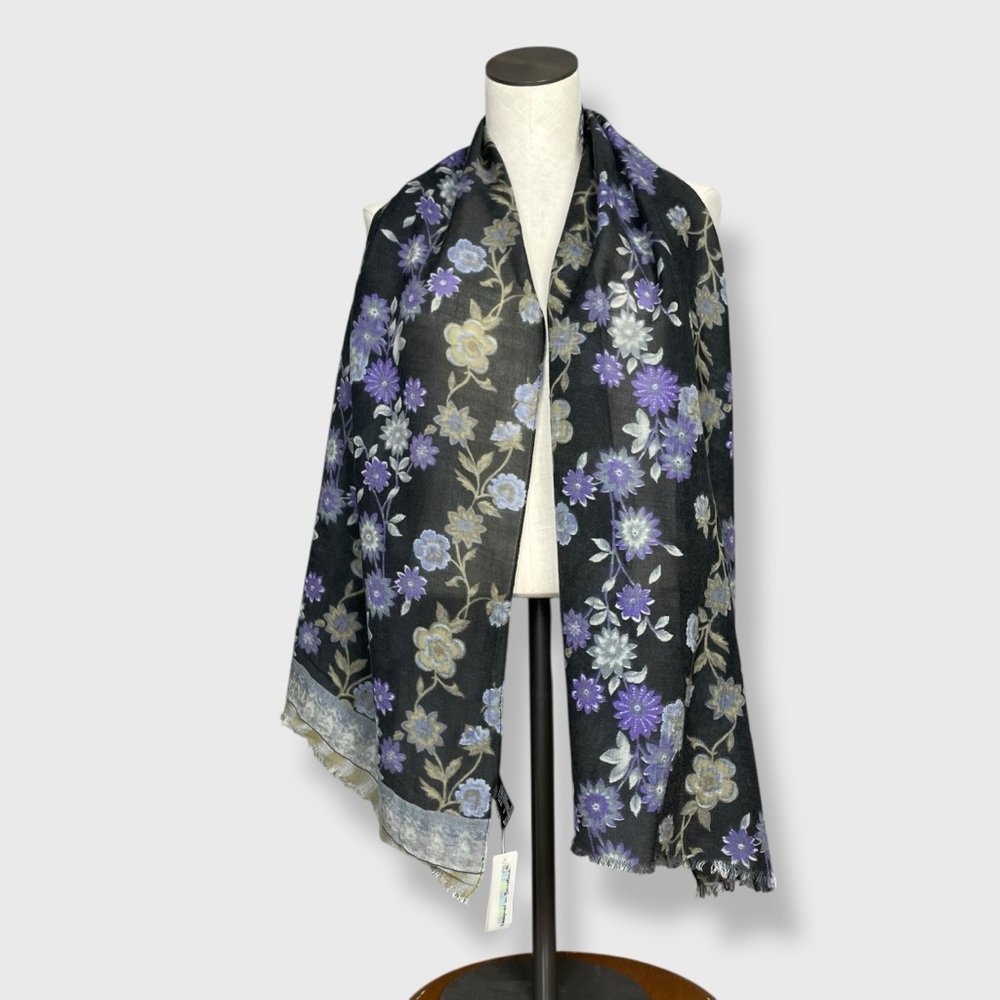 Vivante Scarf Floral Gray Gauzy Viscose Wool‎ FLAWS NWT Raw Edge Fringe Boho